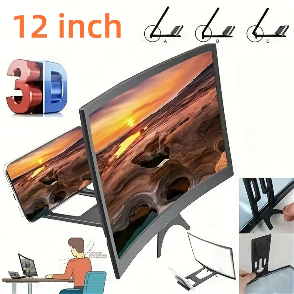 Lupa de pantalla de teléfono curvada 3D HD de 12 pulgadas, soporte amplificador de pantalla grande para teléfono inteligente y TV portátil, soportes para amplificadores de vídeo y películas
