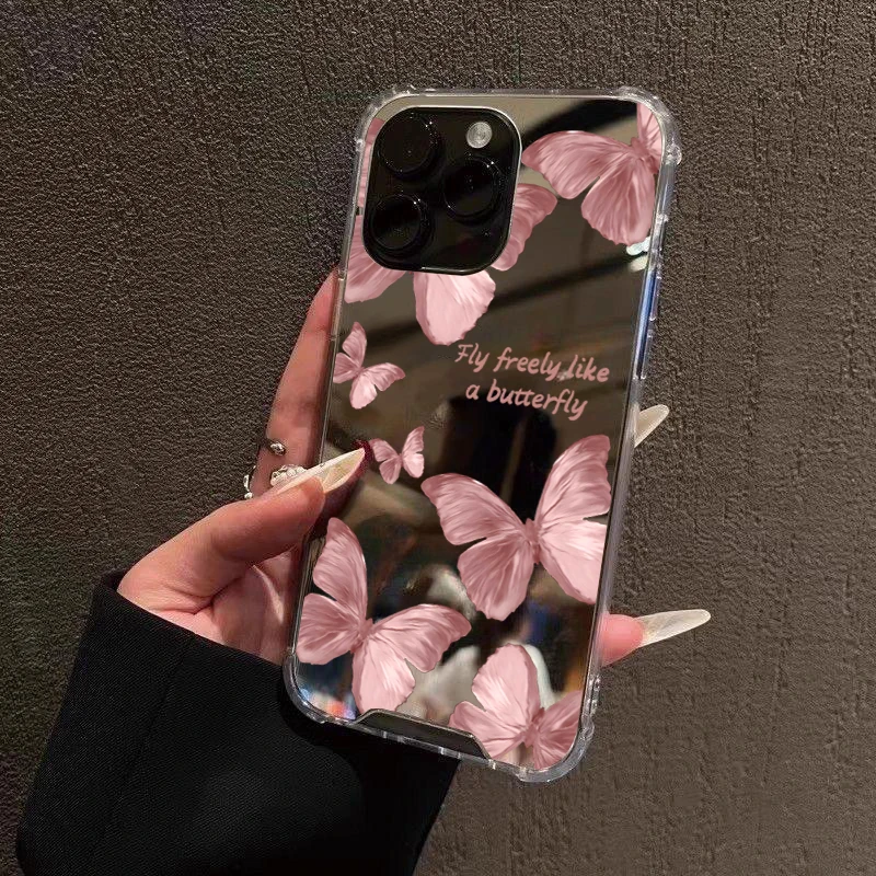 Funda de teléfono con espejo de mariposa rosa para iPhone 16 15 14 13 12 11 Pro Max XS X XR 7 8 Plus SE espejo de maquillaje cubierta suave a prueba de golpes - imagen 2