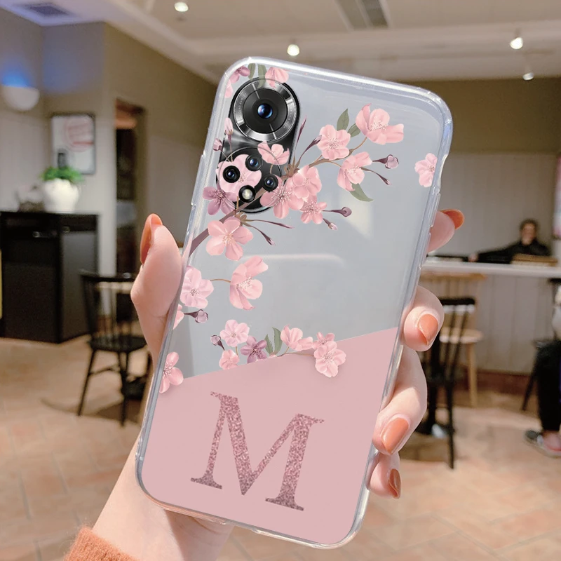 Bonita funda con letras para Honor 50 90 400 Lite Pro Coque Huawei P20 P30 Pro P40 Lite Nova 6 SE, funda suave con alfabeto de flores transparente - imagen 5