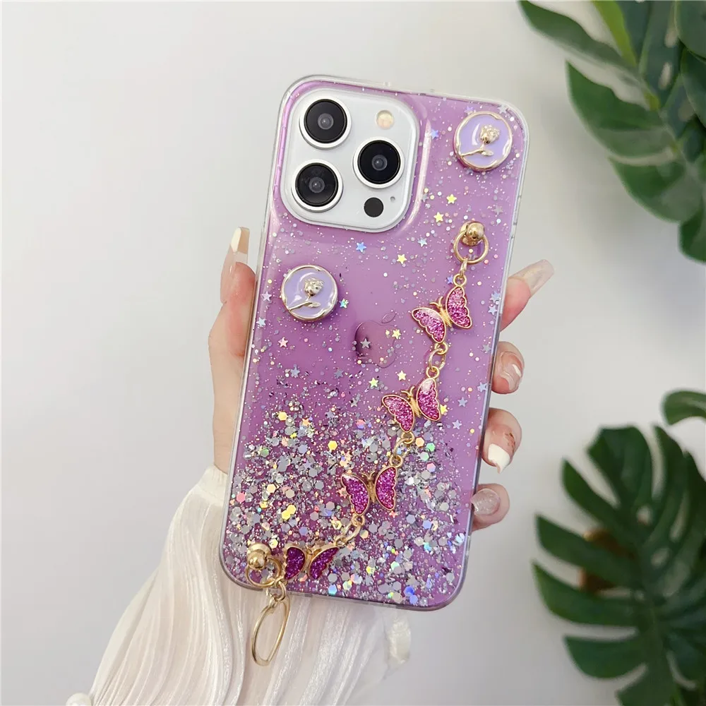 Funda de teléfono con pulsera de mariposa para Samsung S24, S23, S22 Ultra, S21 Plus, S20FE, S10, Note 20, brillante, Estrella - imagen 3
