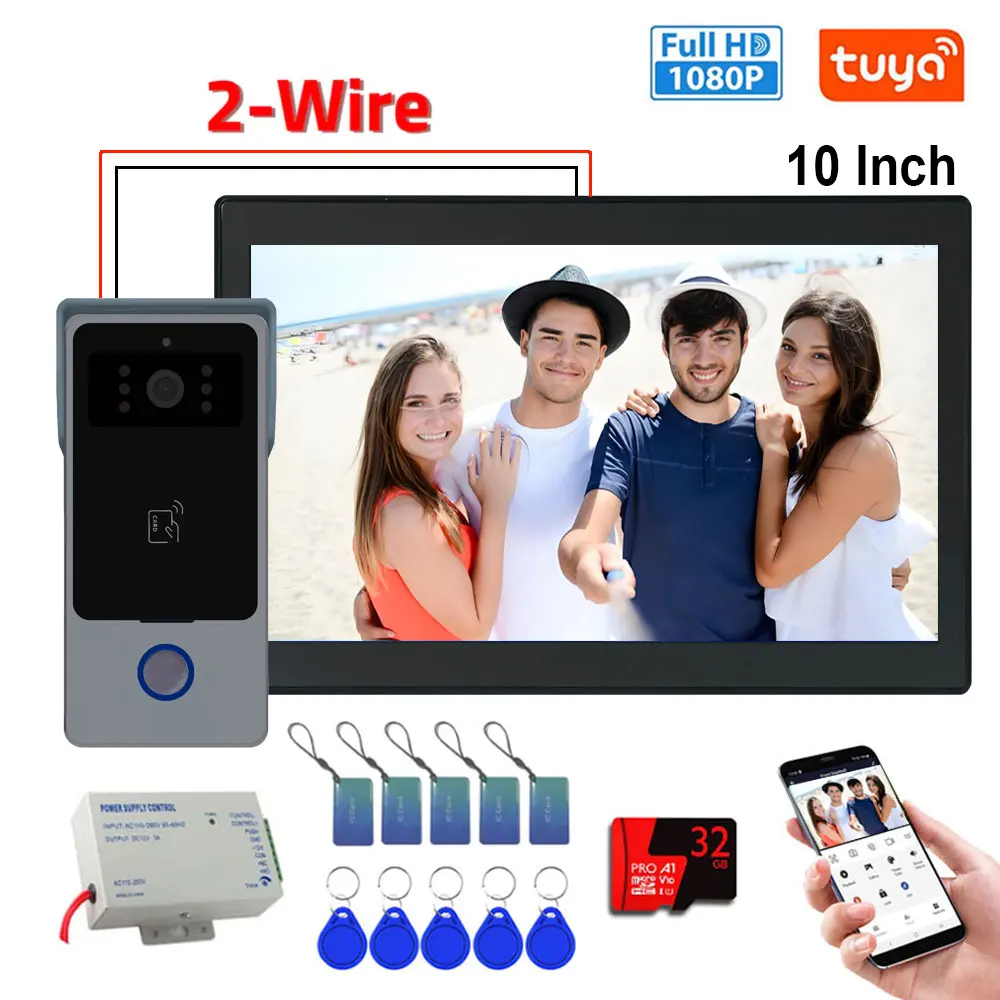 Nuevo Tuya-timbre inteligente de 2 cables, sistema de videoportero Wifi con aplicación remota, tarjeta IC, desbloqueo, 1080P, pantalla táctil de 10 pulgadas