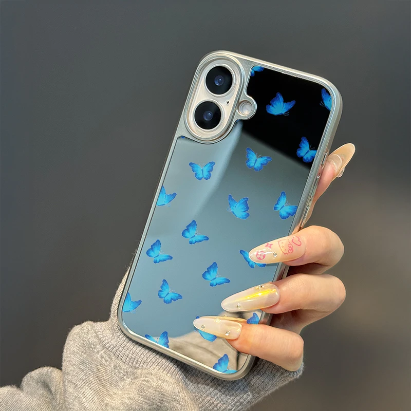 Ins lleno de mariposas azules borde plateado epoxi TPU caja de teléfono anticaída para iPhone XR/11/12/13/14/15/16/17 Pro Max - imagen 4