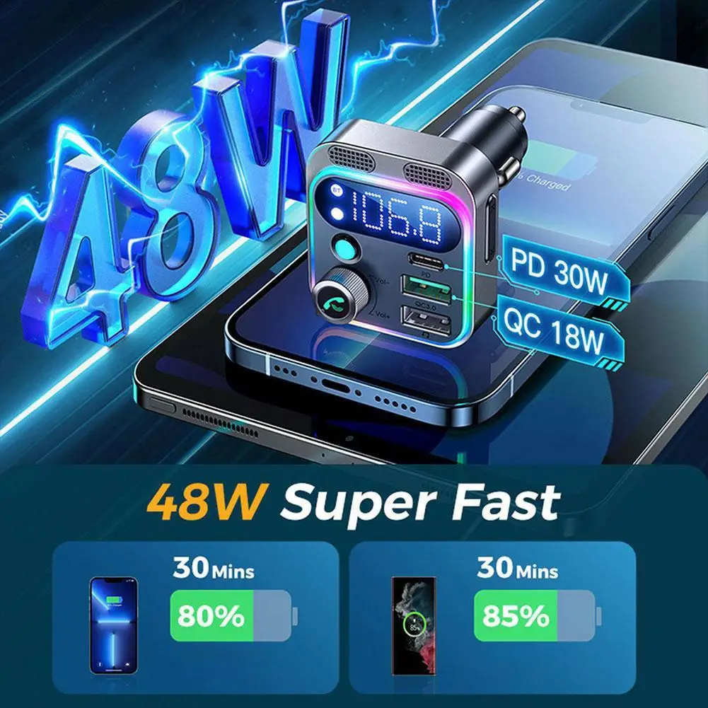 Transmisor FM con Bluetooth 2023 para coche, adaptador de cargador de 48W PD y QC3.0, con sonido de graves profundos, doble micrófono más fuerte, 5,2 - imagen 5