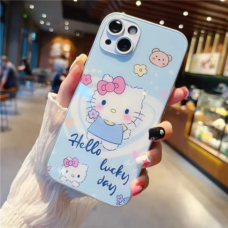 Sanrio Hello Kitty funda de teléfono de Color metálico para Samsung S10 S20 S21 S22 S23 S8 S9 S24 S25 FE PLUS Ultra 5G cubierta dura de vidrio