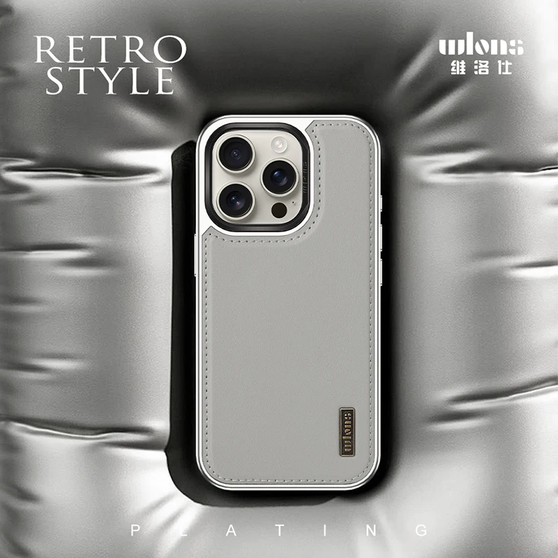 Wlons Defense Series Funda de cuero genuino chapada a prueba de golpes para iPhone 16 15 Pro Max lente soporte de Metal contraportada