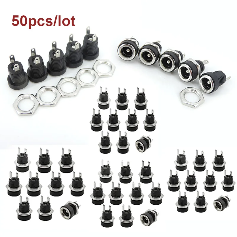 Conector de toma de corriente CC, adaptador de montaje en Panel hembra de 2 pines, 5,5x2,1mm, 5,5x2,1mm, DC022B, 50 unidades por lote