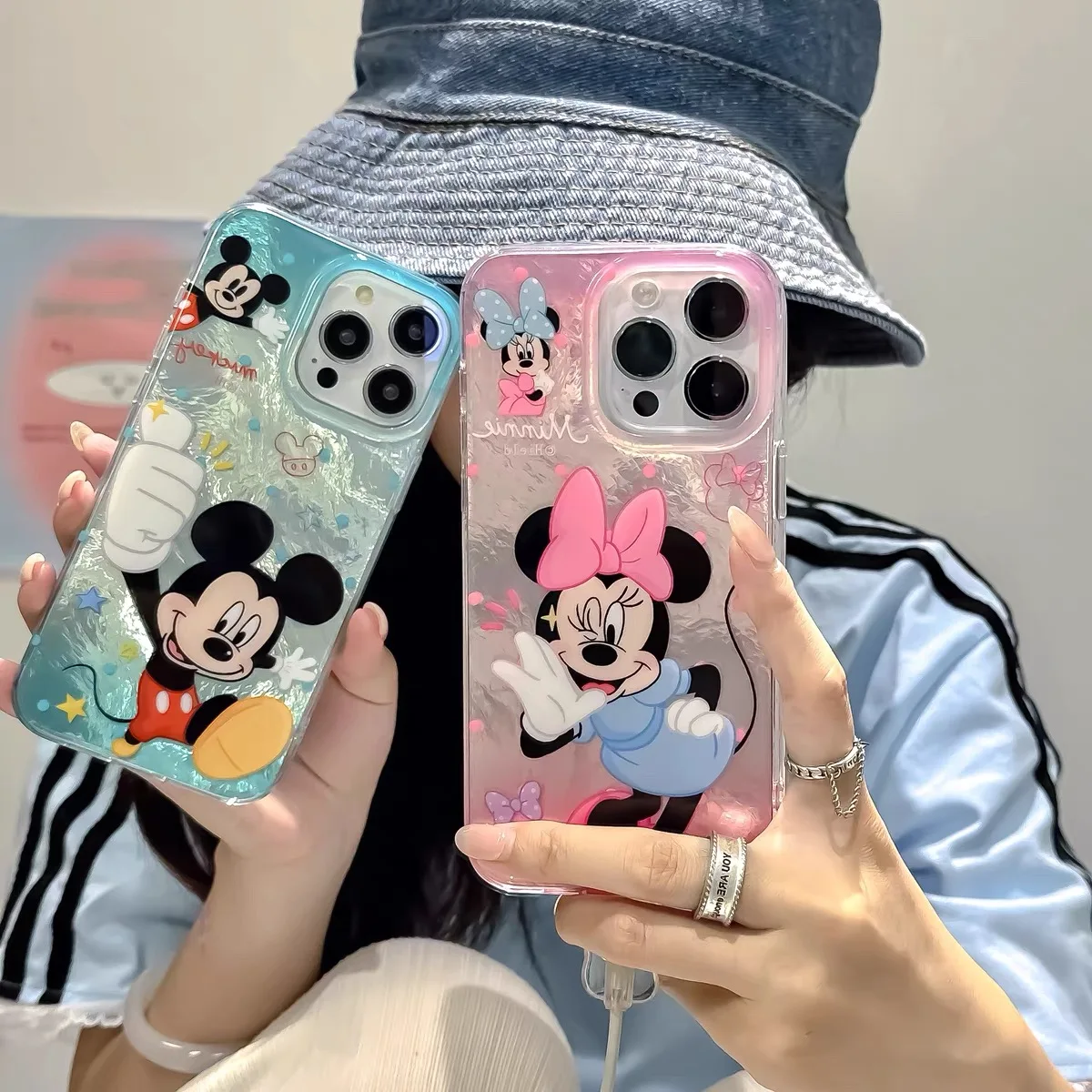 Funda de teléfono con dibujos animados de Disney Mickey Minnie para Samsung Galaxy S24 S23 Ultra Plus 5G S21 FE, Funda dura con textura de plumas