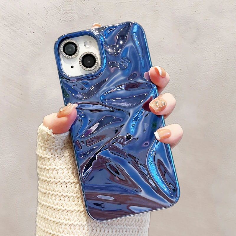 Funda de teléfono chapada en azul brillante con ondas de agua para iPhone 17 Air 16 15 14 13 12 11 Pro Max 16 Plus, funda trasera suave a prueba de golpes - imagen 2