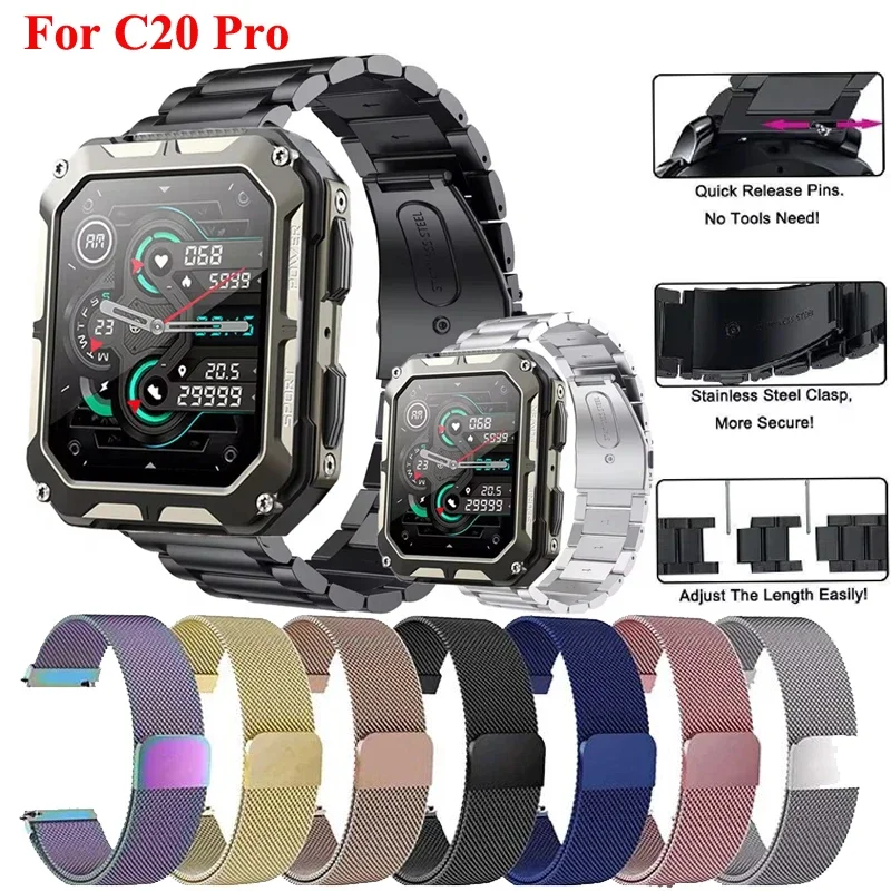 Correa de reloj de 20mm y 22mm para reloj inteligente C20 Pro, Correa de acero inoxidable para C20 Pro, Correa de Metal con bucle milanés - imagen 2