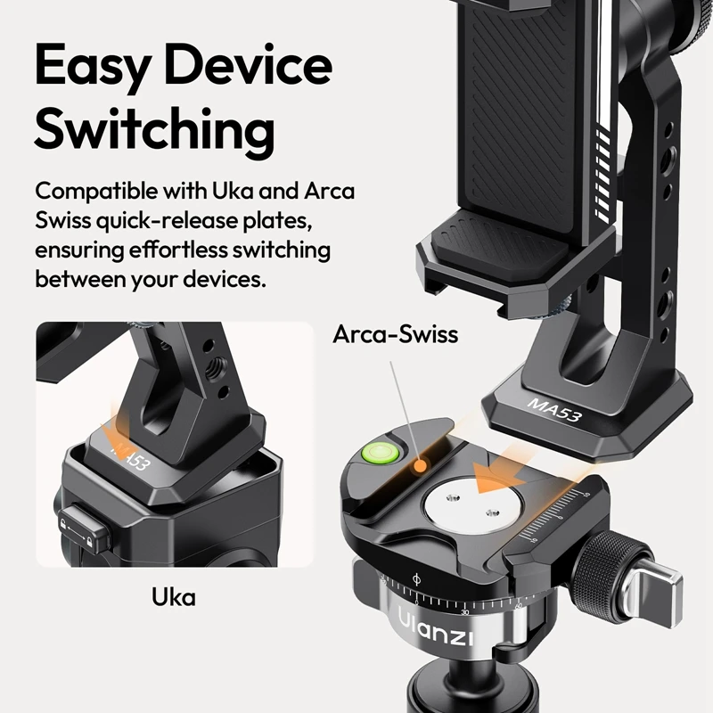 Soporte para teléfono Ulanzi MA53 Arca Swiss con cabeza de bola 360 ° Soporte de teléfono de metal con rotación para fotografía, transmisión en vivo, grabación de Vlog - imagen 2