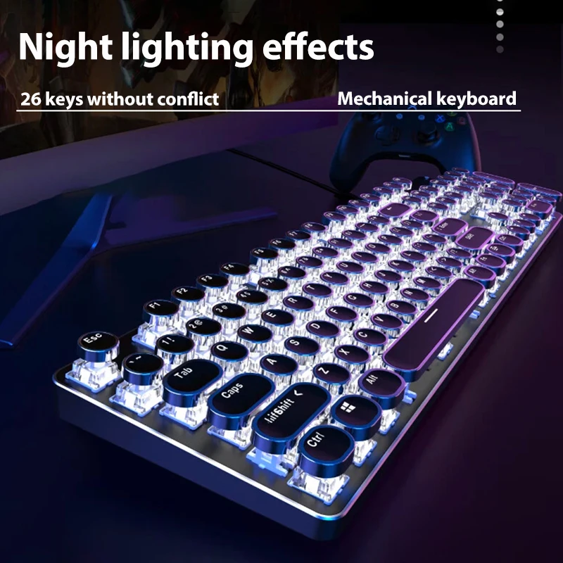 EWEADN Teclado mecánico para juegos punk, teclas redondas retro de 104 teclas, panel de metal, retroiluminado RGB, cable USB para Windows/oficina - imagen 2