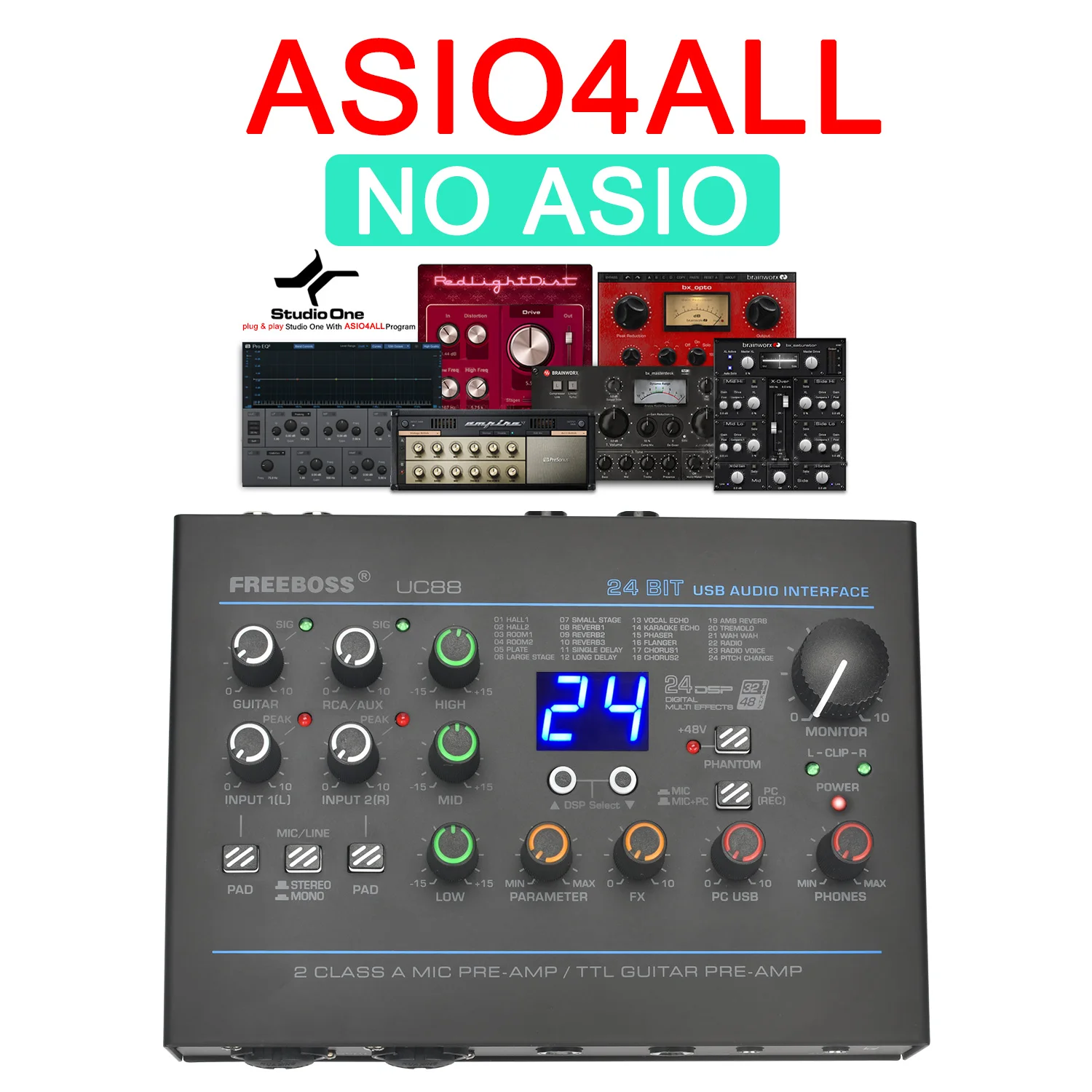 Tarjeta de sonido Freeboss de 24 efectos, grabación EQ de 48KHz, 2 entradas de micrófono XLR, estéreo, PC, 48V, interfaz de Audio externa para guitarra para Mac OS UC88 - imagen 5