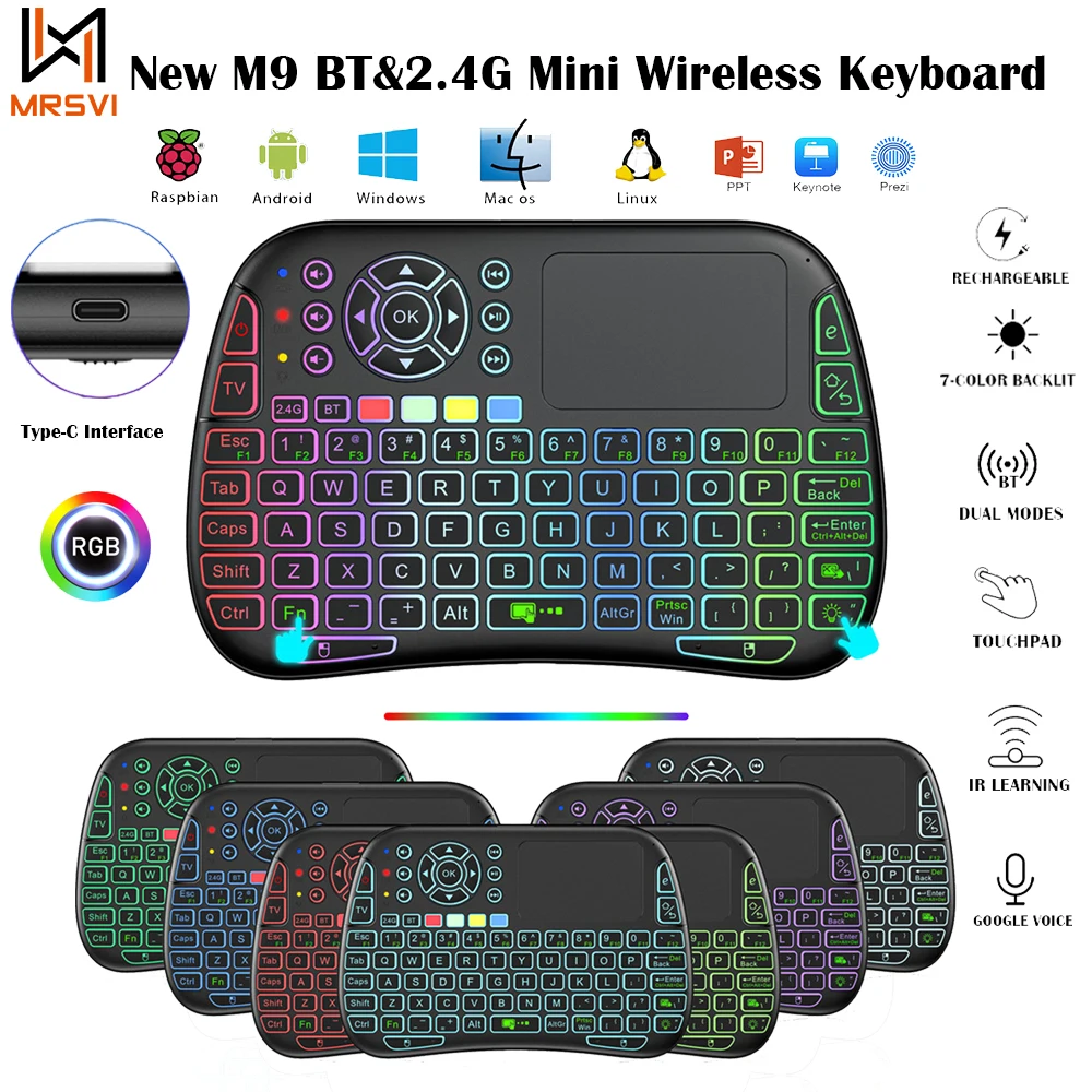 Nuevo Mini teclado inalámbrico M9 BT y 2,4G 7 retroiluminado tipo C voz IR aprendizaje Air Mouse panel táctil remoto para Android TV Box PC