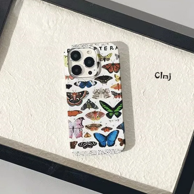 Clmj Vintage coreano mariposa INS funda de teléfono para iPhone 16 15 14 13 12 11 Pro Max XS XR XSMax 6 7 8 Plus brillante HD cubierta dura de PC - imagen 3