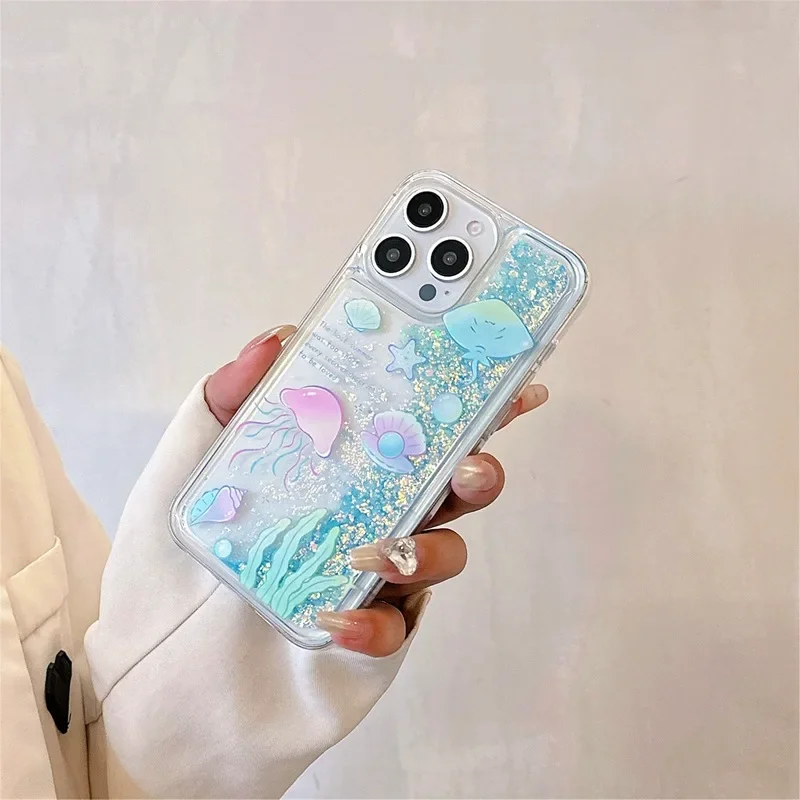 Funda de TPU con forma de estrella de mar y medusas y purpurina ostentosa para iPhone 16 Plus 15 14 Pro Max 13 12 11, cubierta de arena movediza líquida luminosa a prueba de golpes - imagen 3