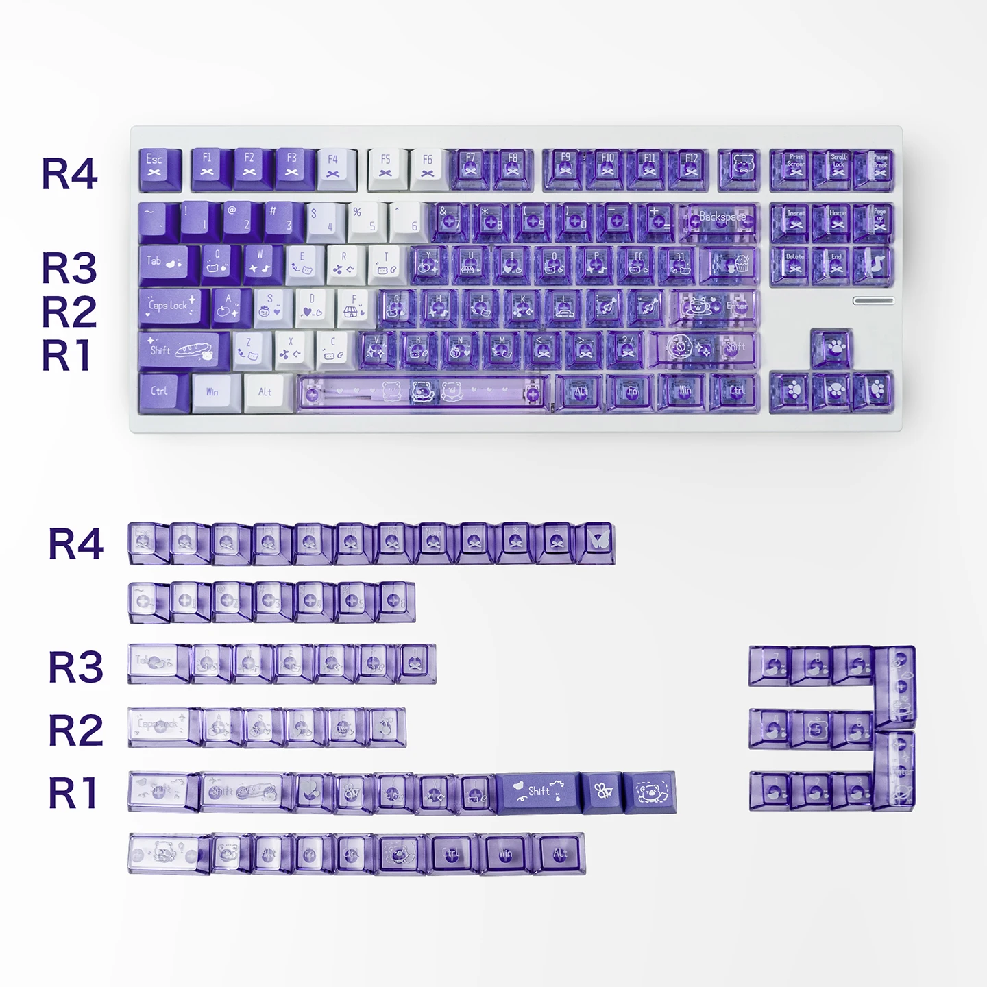 Teclas moradas degradadas de 150 teclas, teclas RGB transparentes de estilo lindo para PC + teclas PBT, teclas Cherry Profile Dye-Sub para teclado mecánico - imagen 2