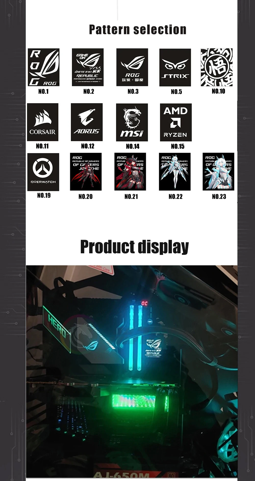 Una computadora con una pantalla verde y una lista de patrones y visualización de productos