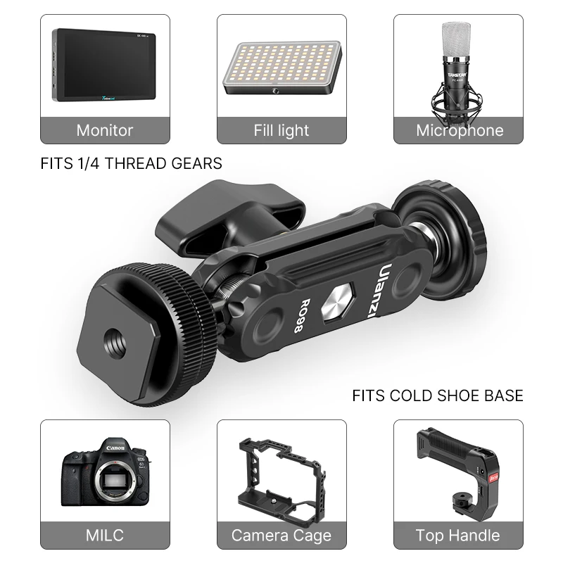 Ulanzi R098 Cabezas de bola dobles Brazo mágico con soporte de zapata fría Tornillo de 1/4 ''para cámara DSLR Monitor Micrófono Luz de vídeo Super abrazadera - imagen 3