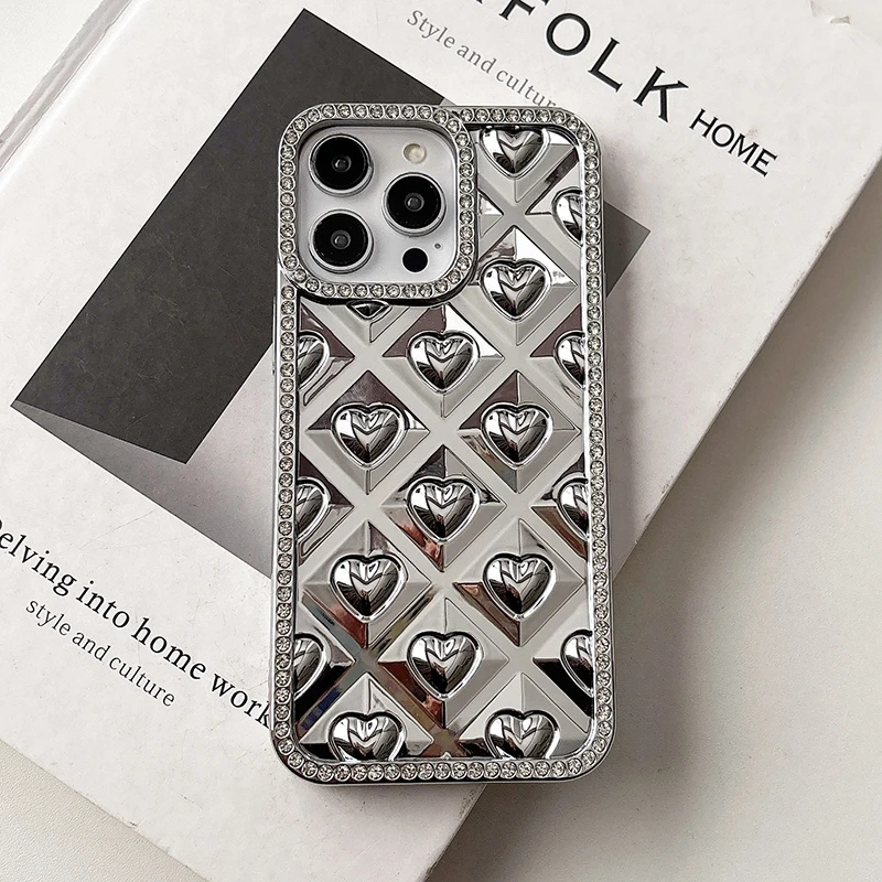 Funda de teléfono con borde de diamantes de imitación y purpurina de corazón de amor a la moda para iPhone 16 15 13 12 11 Pro Max 14 Plus, funda trasera chapada en TPU - imagen 4