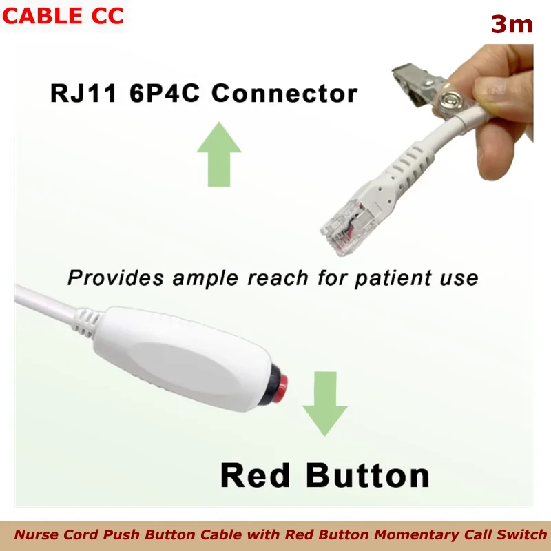Cable de enfermera Cable de botón pulsador con interruptor de llamada momentáneo de botón rojo, enchufe RJ11 6P4C, 10 pies