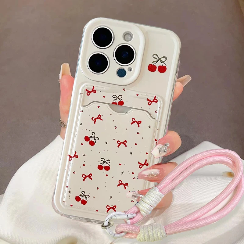 Lichi de cereza con lazo rosa y muñequera, funda con tarjetero para Samsung Galaxy S25 Ultra S24 S23 S22 Plus S24 Fe A55 A5 - imagen 3