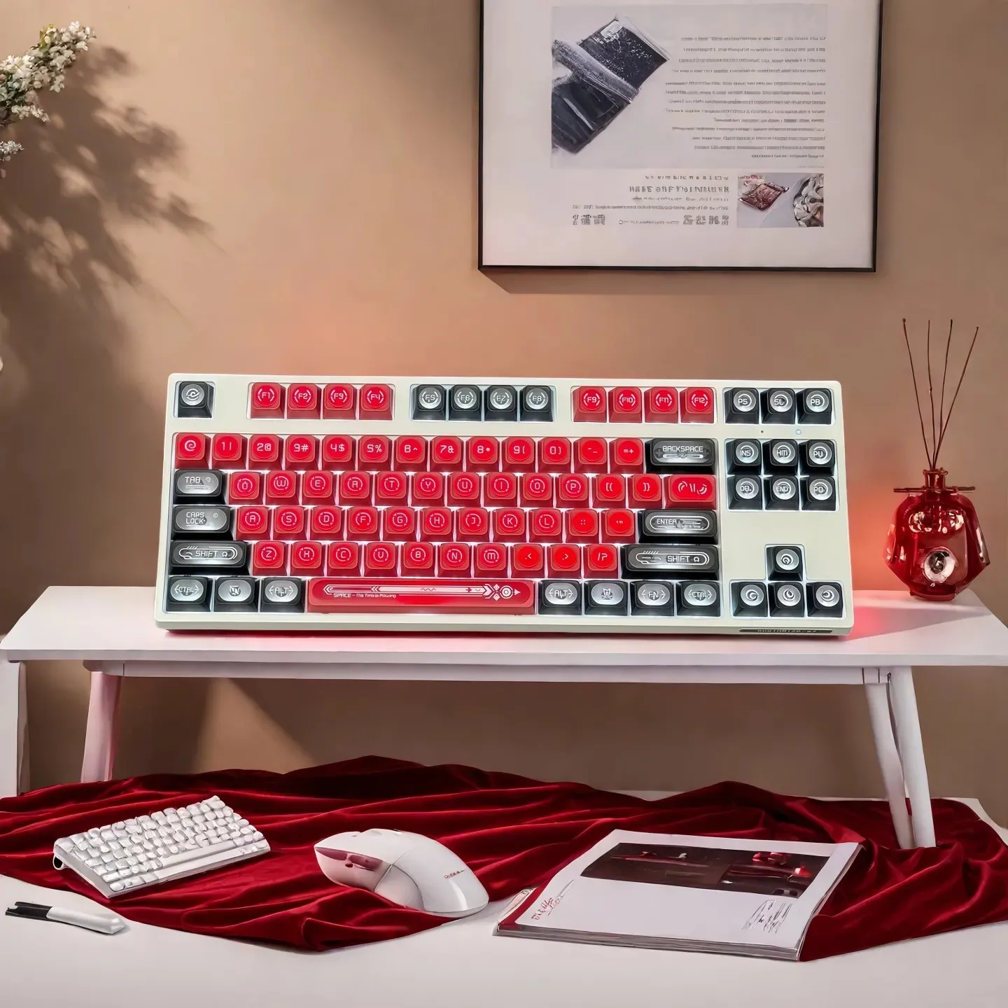Teclas retroiluminadas RGB, perfil de cereza, 136 teclas, teclas de sublimación de tinte de ojo de gato rojo, teclas brillantes para interruptores MX, teclado para juegos