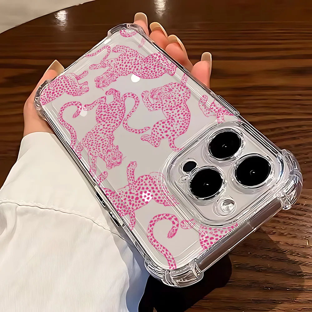 Funda de teléfono de leopardo rosa a la moda para iPhone 16 15 14 13 12 11 Mini Pro Max XR XSMax 7 8 Plus SE2020, funda transparente a prueba de golpes - imagen 4