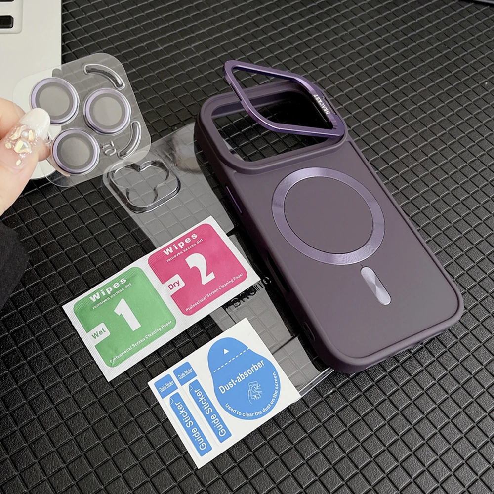 Funda de teléfono magnética con soporte para cámara de película de lente de lujo para iPhone 17 16 15 14 13 13 12 11 Pro Max Air Plus esmerilado para cubierta Magsafe - imagen 3