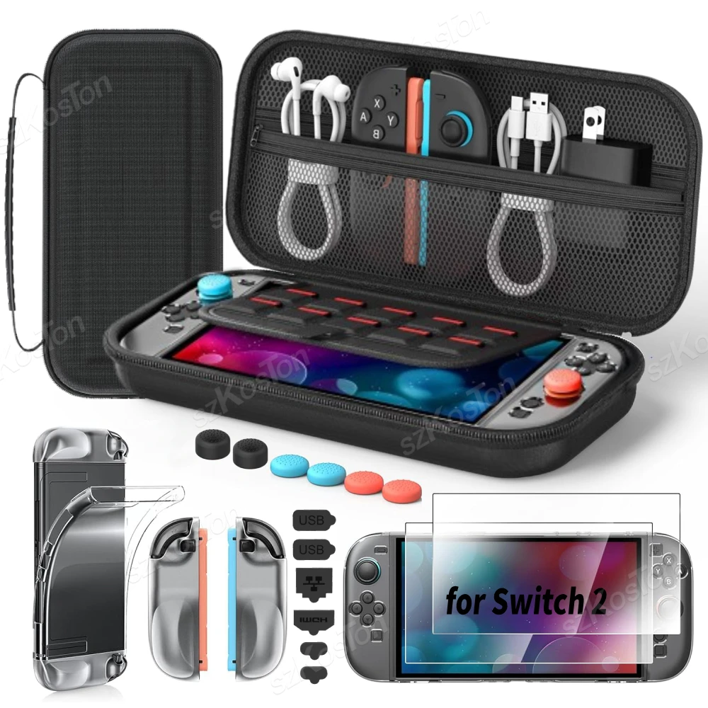 Paquete de accesorios 5 en 1 para Switch 2, Estuche de transporte portátil, cubierta protectora suave, Protector de pantalla, Kit de tapones antipolvo, empuñaduras para pulgar