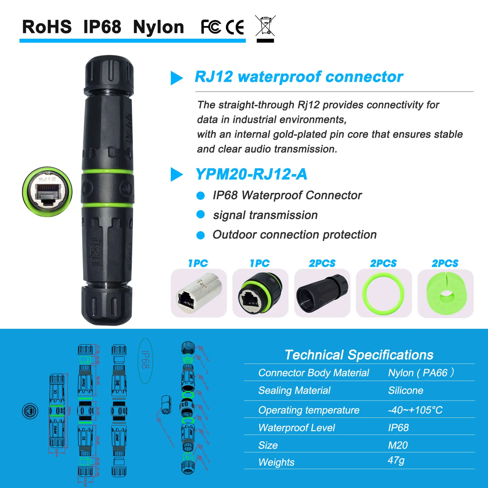 Acoplador RJ11 impermeable, conector de montaje en Panel RJ11/RJ12 6P6C hembra a hembra CAT3 RJ12 compatible con enchufe de línea telefónica para exteriores - imagen 3