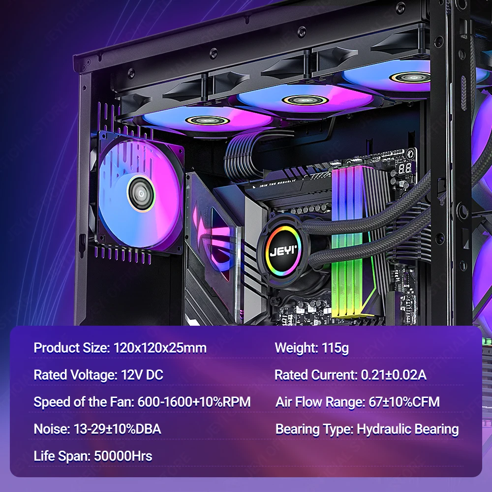 JEYI-Ventilador de refrigeración ARGB para PC, 120mm, AURA SYNC RGB, disipador de calor Ultra silencioso, Ventilador con puerto ARGB de 4 pines PWM y 5V y 3 pines - imagen 5