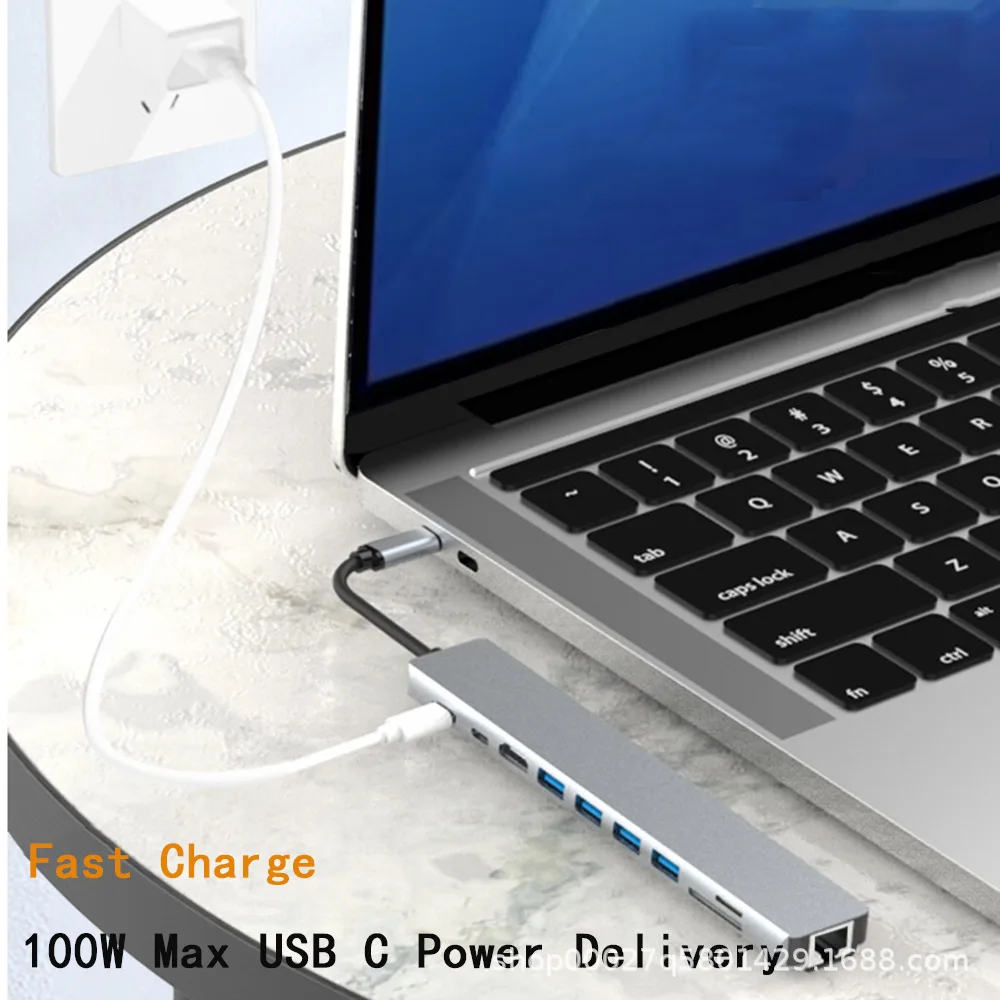 Con convertidor HDMI a tipo C HUB 4K HDTV RJ45 100Mbps PD 90W Cable USB de carga divisor lector de tarjetas Micro SD adaptador extensible - imagen 3