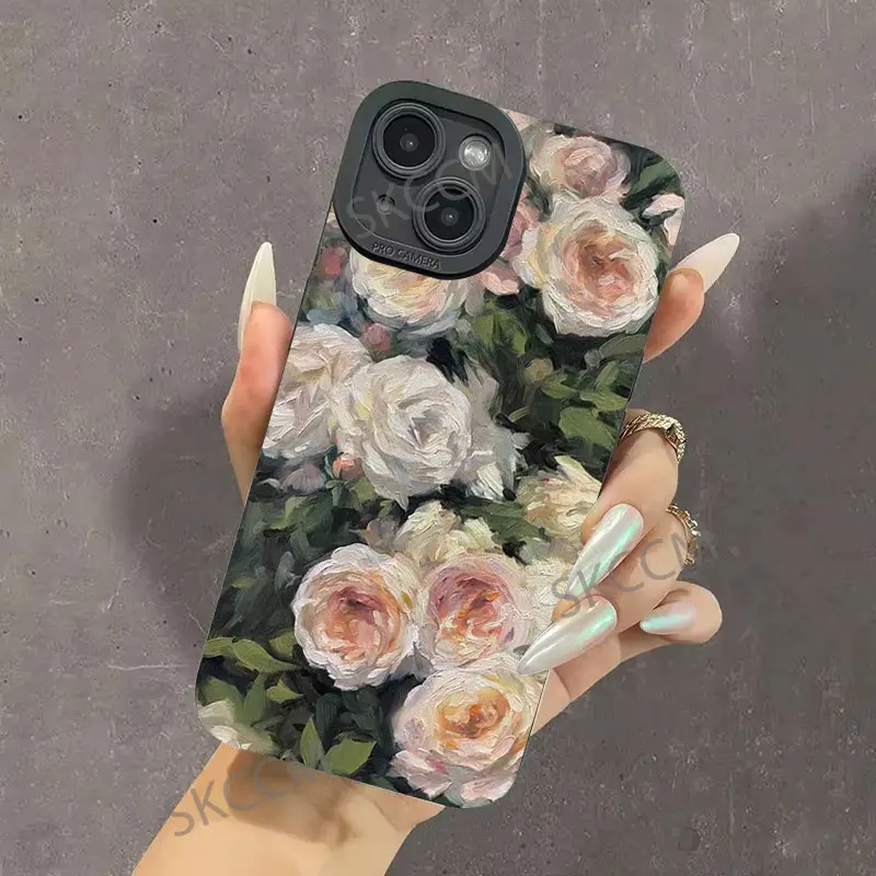 Funda de teléfono rosa con pintura al óleo para iPhone 15 16, funda de silicona suave para iPhone 13 11 12 16 14 Pro Max XR XS X 7 8 Plus SE2 - imagen 3