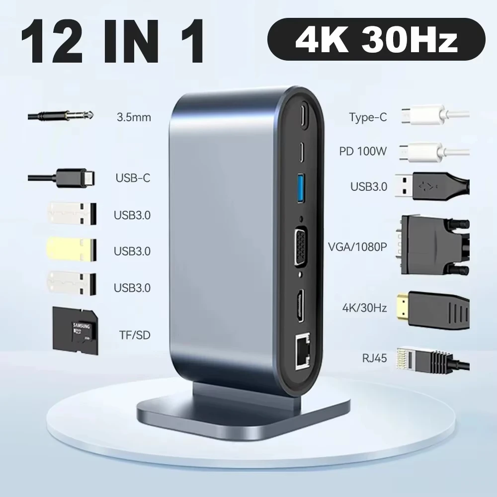 Estación de acoplamiento USB C 12 en 1 con 100W PD USB-C 4K HDTV VGA USB 3,0 RJ45 lector de tarjetas SD/TF Audio para Windows Mac Xiaomi portátil