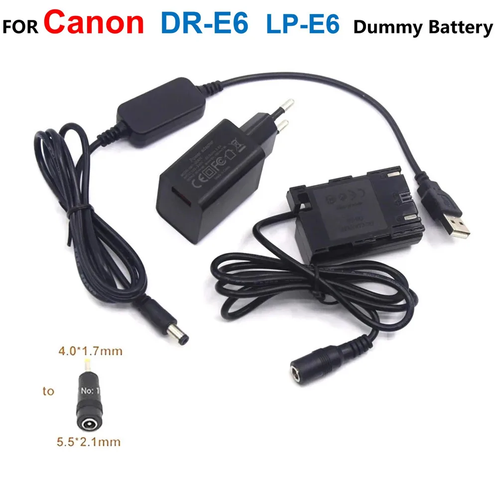DR-E6 LP-E6 LP-E6N batería simulada + banco de energía 5V adaptador de Cable USB + cargador para Canon EOS 60D 70D 5D2 6D 7D 5D Mark II III 5D3 5DSr - imagen 2