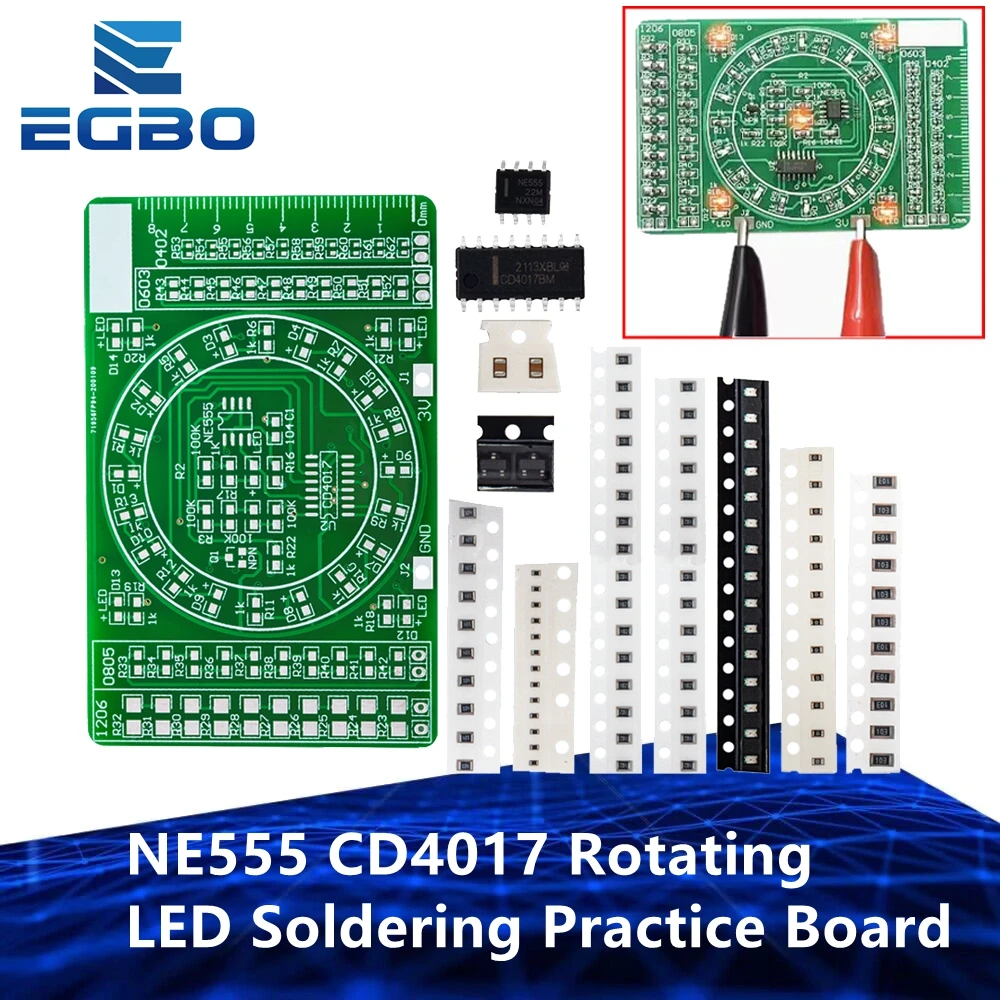 EGBO-Placa de práctica de soldadura SMD NE555 CD4017, componentes LED intermitentes giratorios, circuito electrónico de habilidad, Suite de entrenamiento, Kit de bricolaje