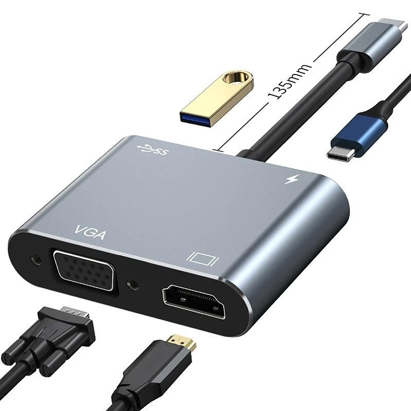 Nku-estación de acoplamiento USB C 4 en 1, Hub Thunderbolt3 tipo C a 4K HDTV/VGA/USB 3,0/PD, Cable convertidor de carga para PC y Macbook - imagen 2