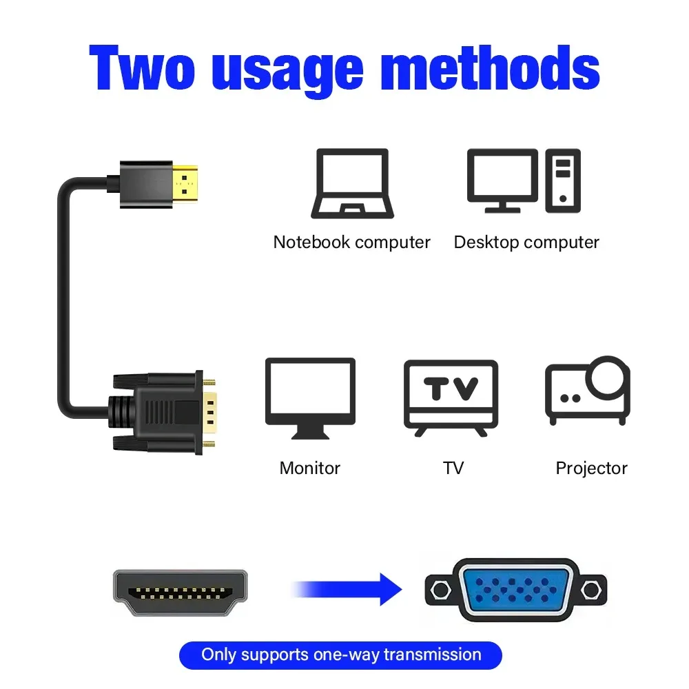 Adaptador Compatible con HDMI a VGA, enchufe chapado en oro, línea Connecto, convertidor HD 1080P, Cable de 1,8 M para escritorio, portátil, PC, TV Box, Monitor - imagen 3