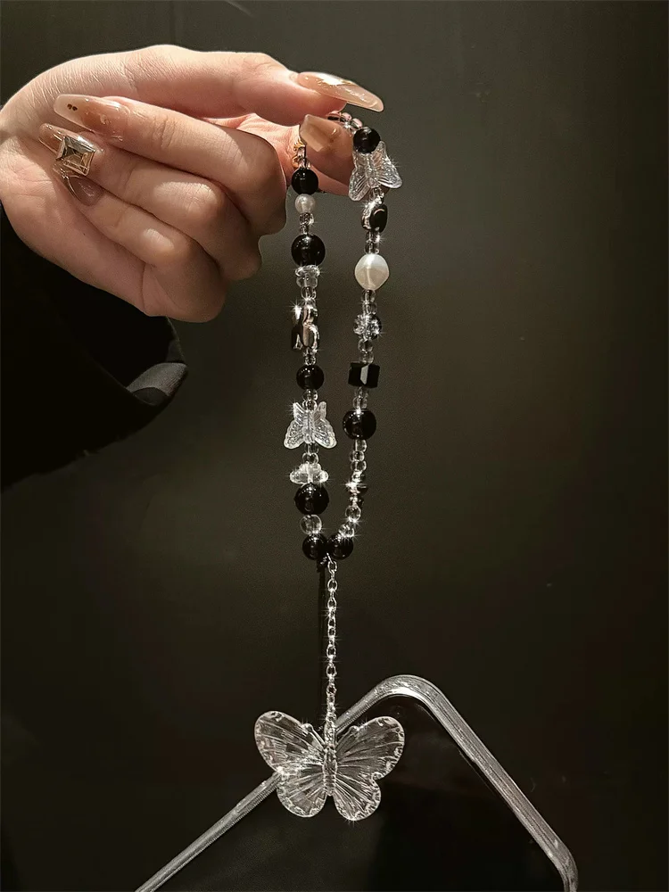 Y2K-Correa de teléfono con cuentas de mariposa transparente, nudo de cadena, cordón para teléfono móvil, llavero, bolso, colgante con lazo para cámara, cubierta de Airpods - imagen 4