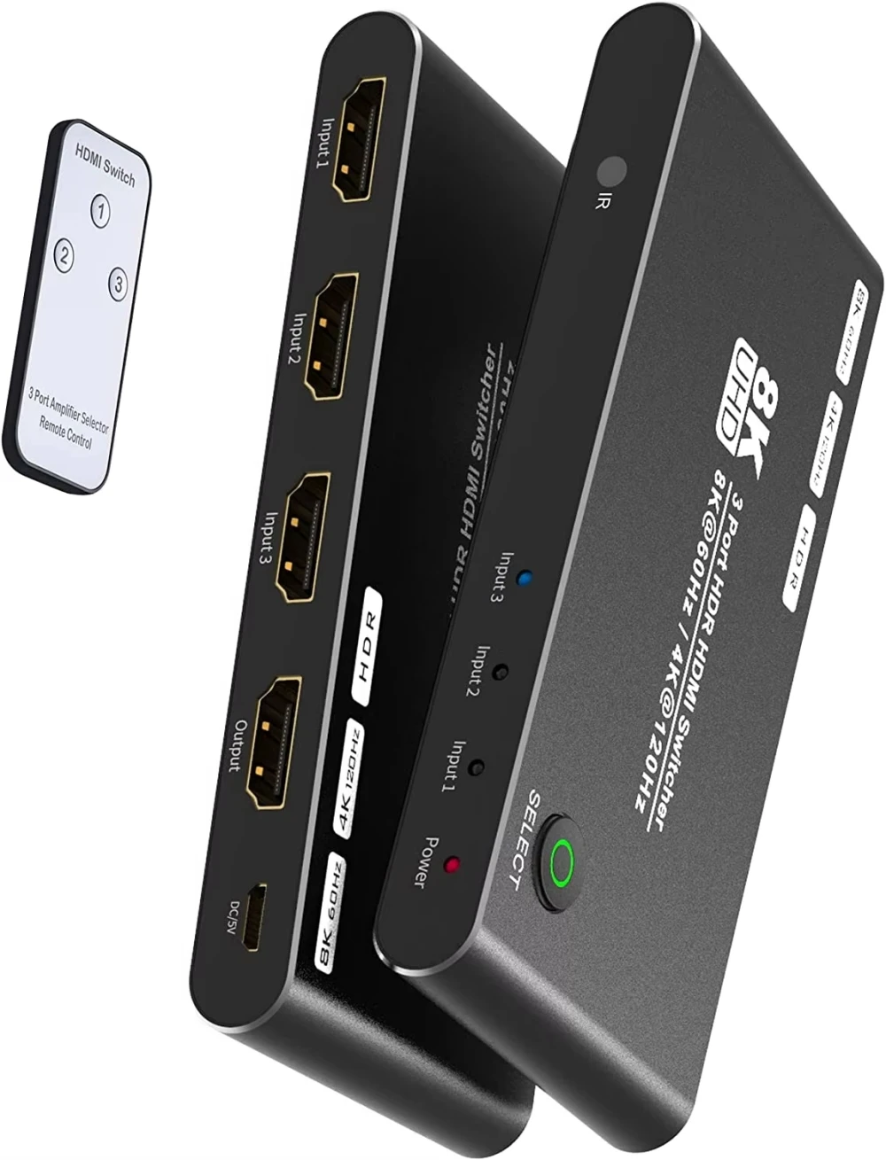 Conmutador HDMI 8K con control remoto IR 3 en 1 salida de alta velocidad HD 2,1 8K @ 60Hz 4K @ 120Hz Conmutador 3 puertos de alta velocidad 48Gbps para TV PS5 Xbox