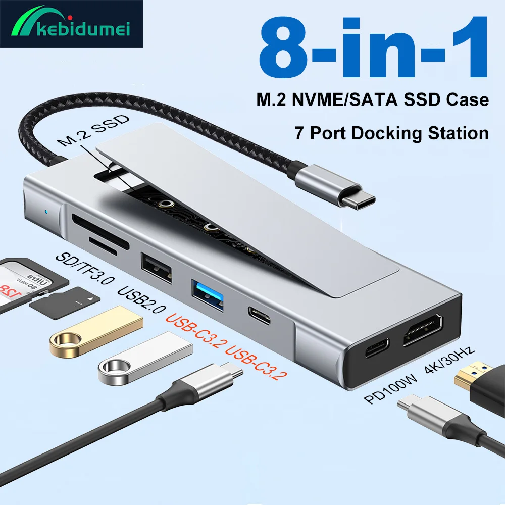 Carcasa M.2 SATA NVME SSD 8 en 1 USB C HUB 10Gbps estación de acoplamiento 4K/30Hz Compatible con HDMI PD100W carga SD/TF3.0 para ordenador portátil - imagen 3
