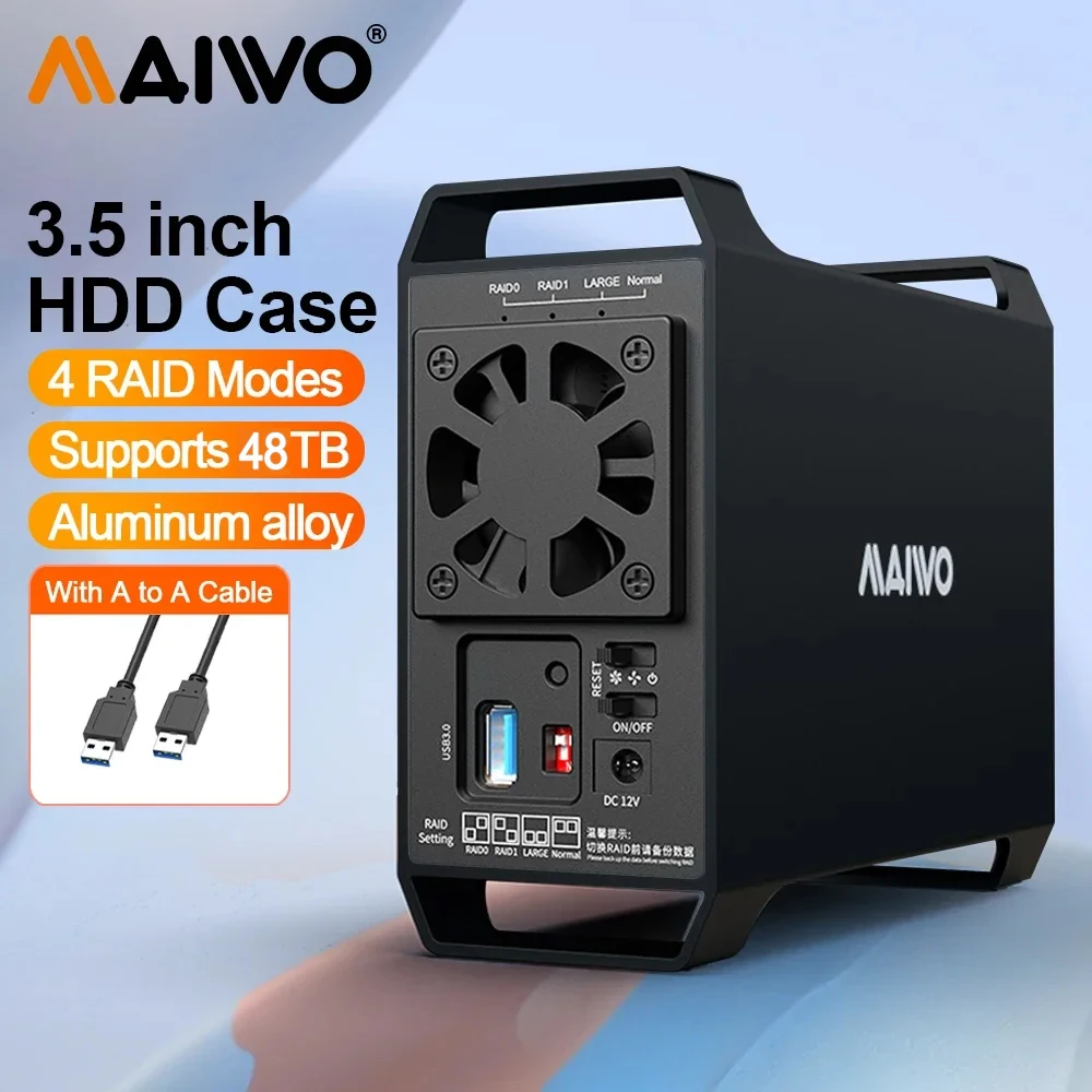 MAIWO HDD Case Dual Bay Caja de disco duro de matriz de 3,5 pulgadas SATA a USB 3.0 Caja externa de disco, cuatro modos RAID con ventilador para caja de PC - imagen 2
