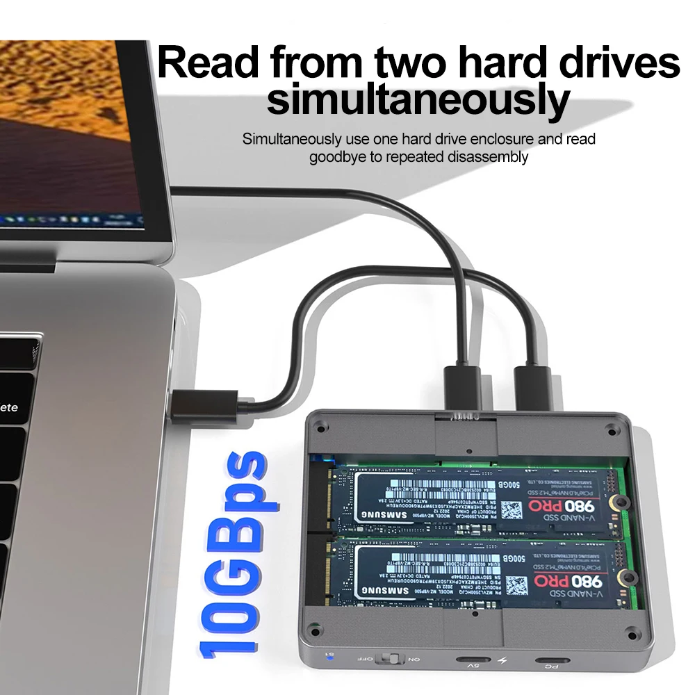 Carcasa Dual Bay NVMe SATA SSD M.2 caja de disco duro Dual NVMe 10Gbps USB C 3,2 GEN2 adaptador de caja de disco duro externo - imagen 2