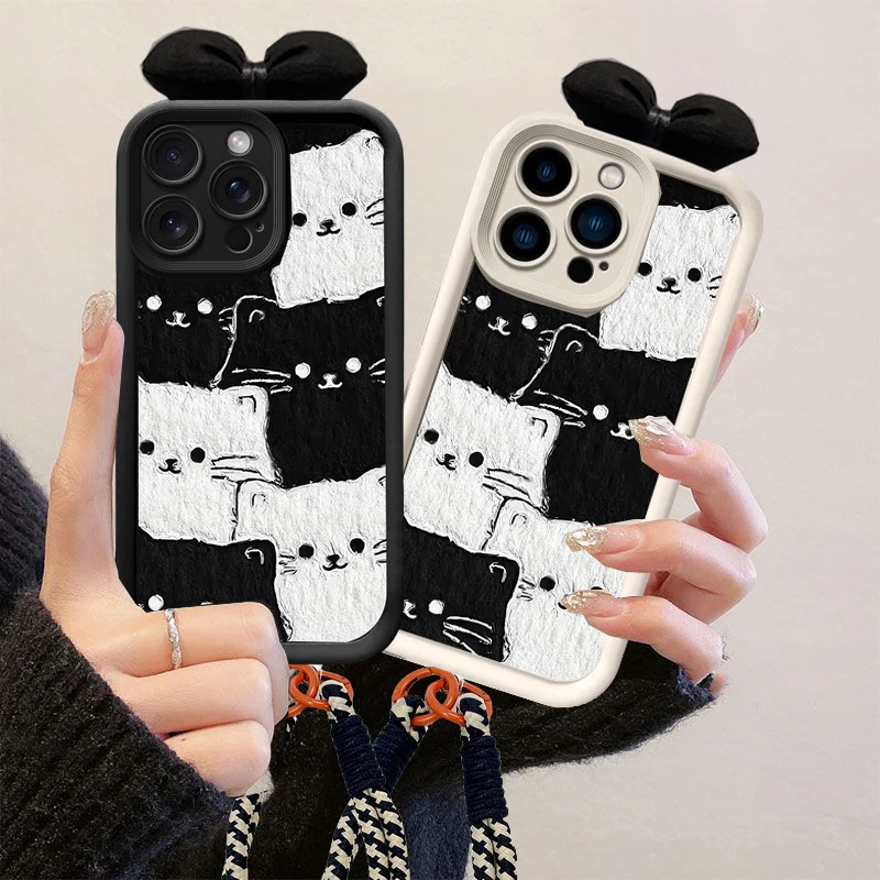 Patrón de gato negro blanco de dibujos animados con funda con cordón colgante para Google Pixel 10 9 8 7 Pro 5G Pixel 7A 8A 9 Pro XL contraportada de teléfono - imagen 2