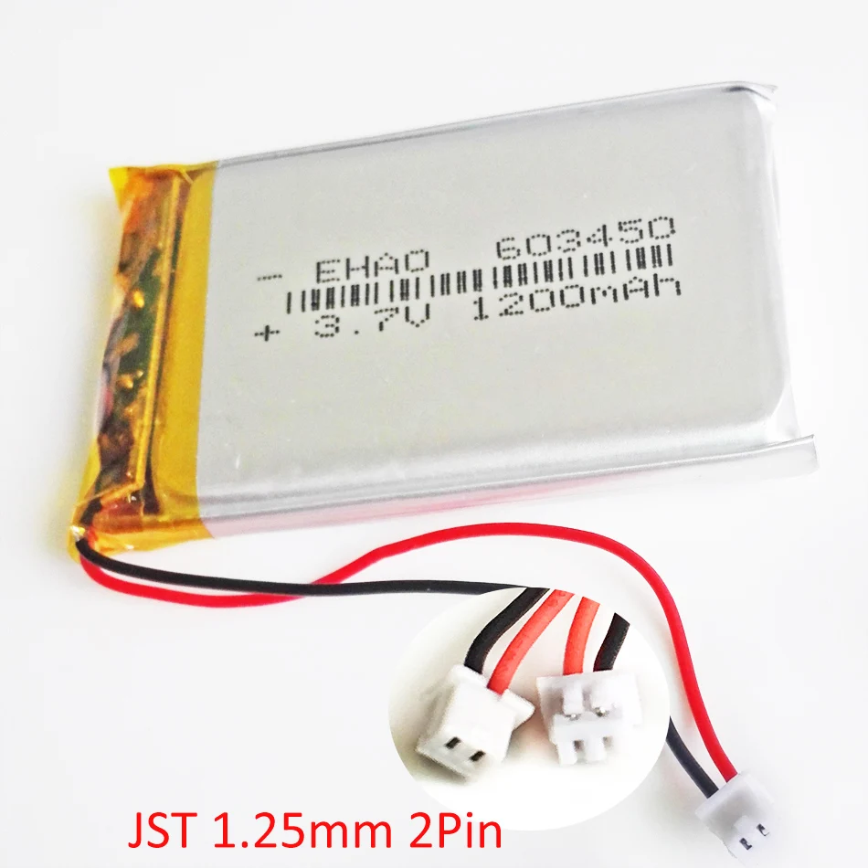 Batería recargable LiPo de polímero de litio de 3,7 V 1200 mAh 603450   + Conector JST de 1,25 mm y 2 pines para libros electrónicos de videojuegos móviles GPS DVD
