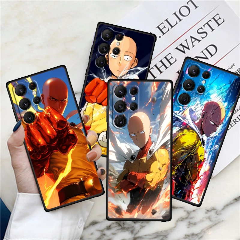 O-one p-punch Man Anime para Samsung Galaxy S24 S23 S22 S21 S20 FE S10 S10E Plus Ultra Pro Lite 5G, funda negra para teléfono