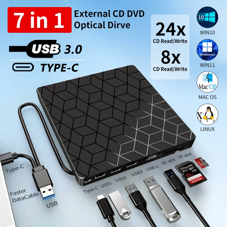 Unidad de CD/DVD externa 7 en 1 USB 3,0 tipo C, lector de grabadora, unidad óptica, reproductor de DVD, grabadora de CD para ordenador, portátil y de escritorio