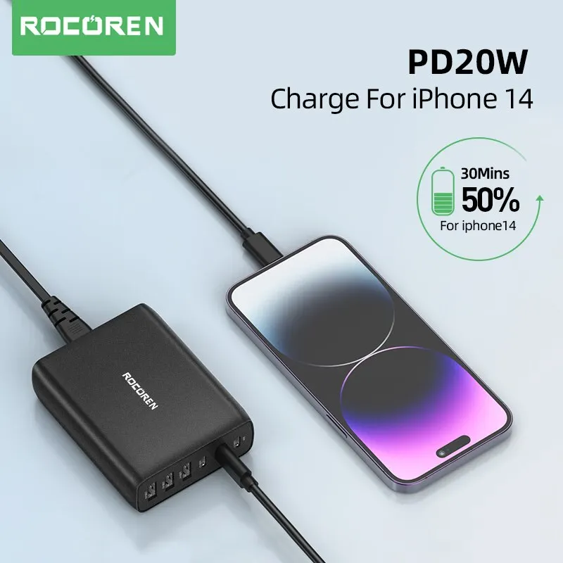 Rocoren-cargador USB tipo C de 100W, estación de carga rápida de 6 puertos, PD, para iPhone 14, 13 Pro, Xiaomi POCO - imagen 4