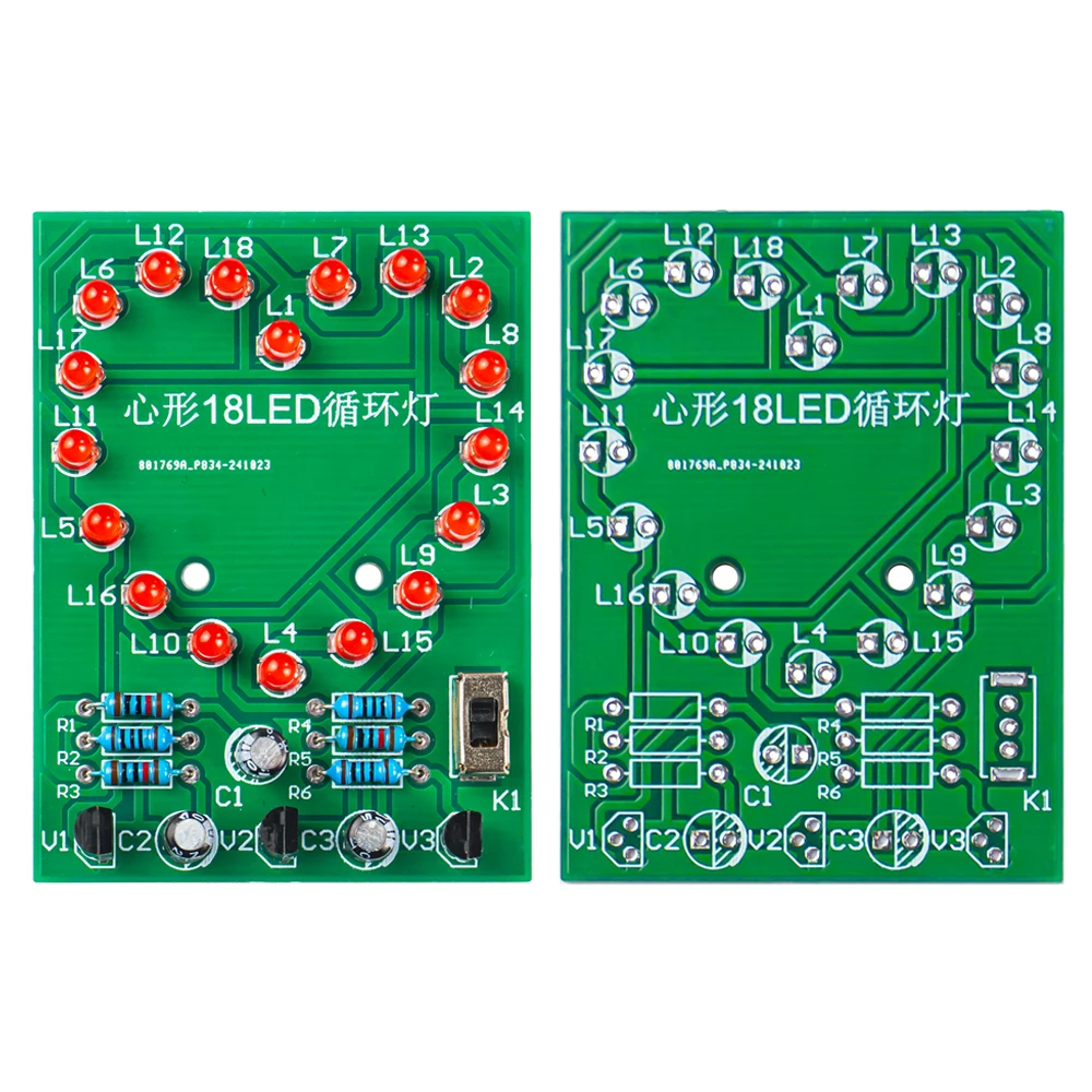 Kit electrónico de luces LED que fluyen en forma de corazón, Kit de soldadura PCB de 18 luces LED rojas con caja de batería, módulo de placa de circuito DC3V - imagen 2