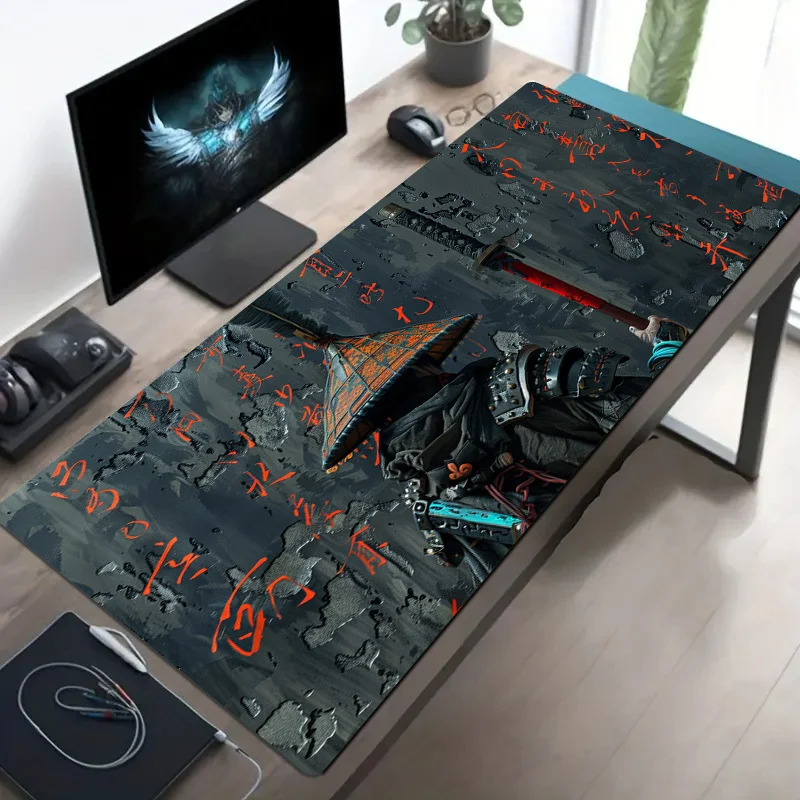 Alfombrilla de ratón para juegos extendida grande con temática de guerrero samurái, alfombrilla de escritorio de 900x400MM para oficina y jugadores, accesorios de escritorio con Base antideslizante